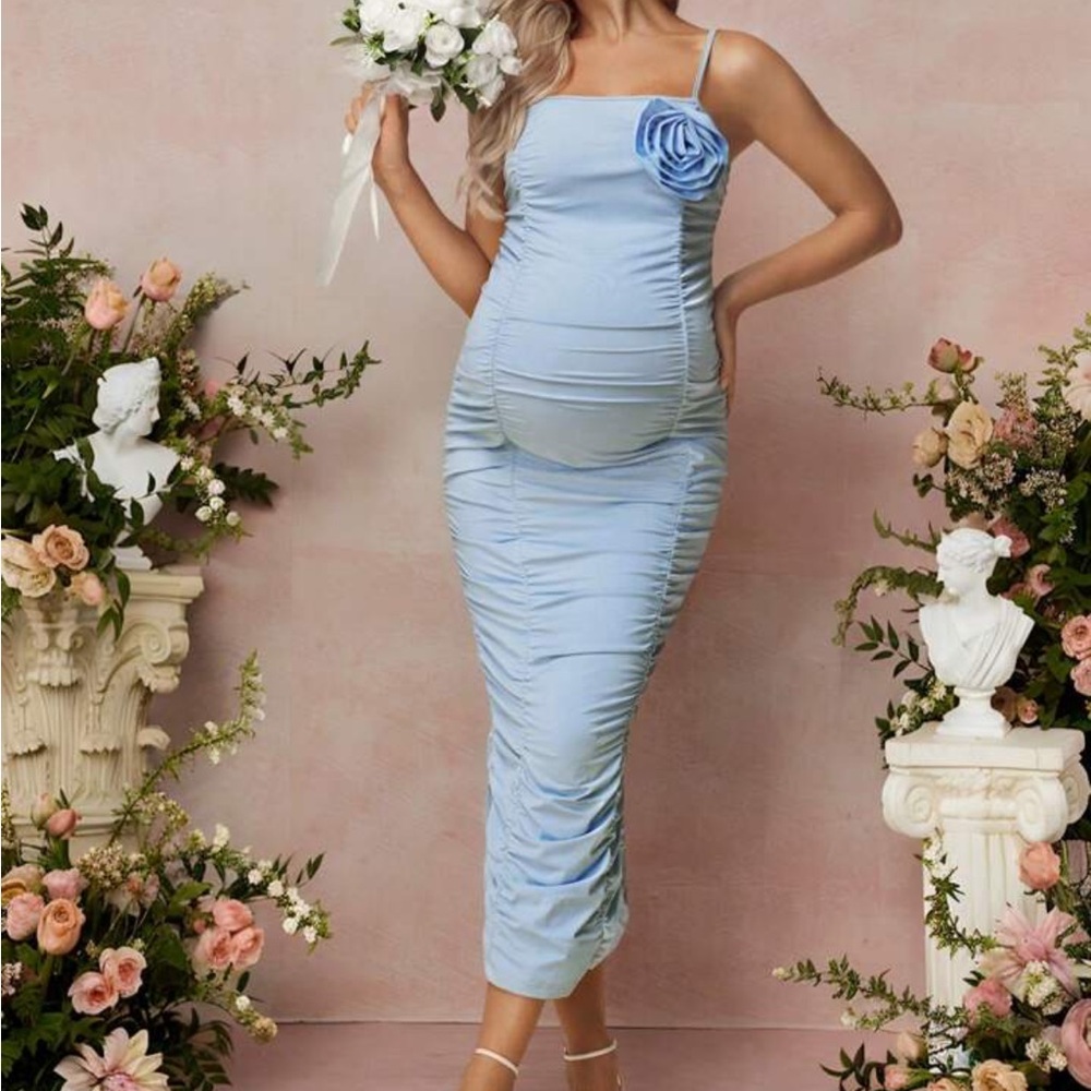 Side cinched Light Blue Maternity Dress with Flower Detail